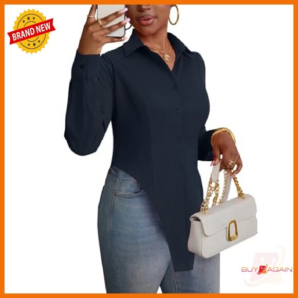 Long Sleeve V Neck Button Down Tunic Top with Slit Hem - Picture 3 of 8